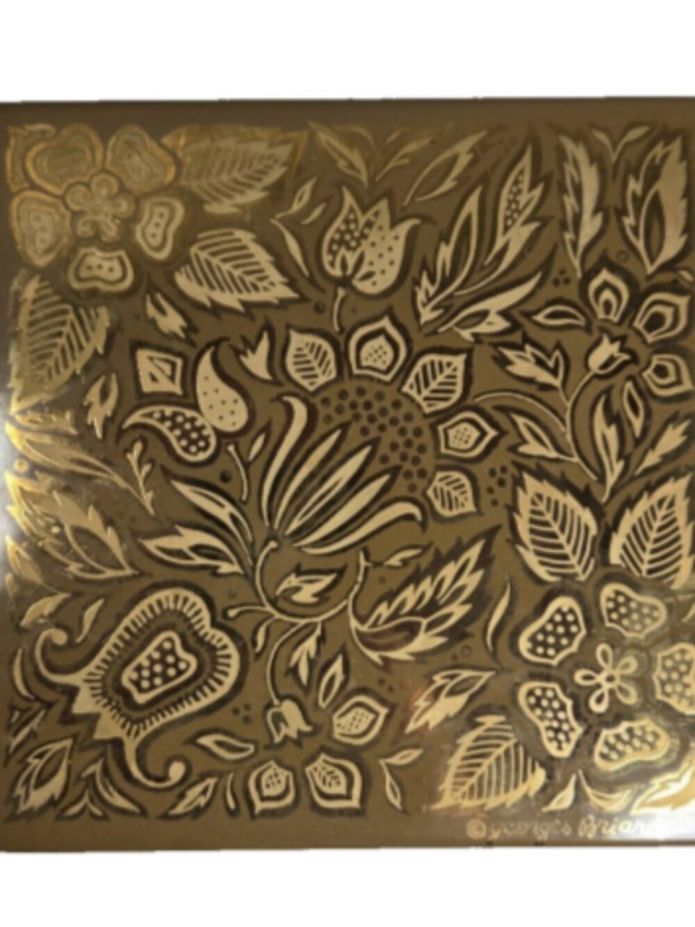 Vintage Metal Trivet Brown & Gold Georges Briard Art Floral MCM Tile Wall Decor